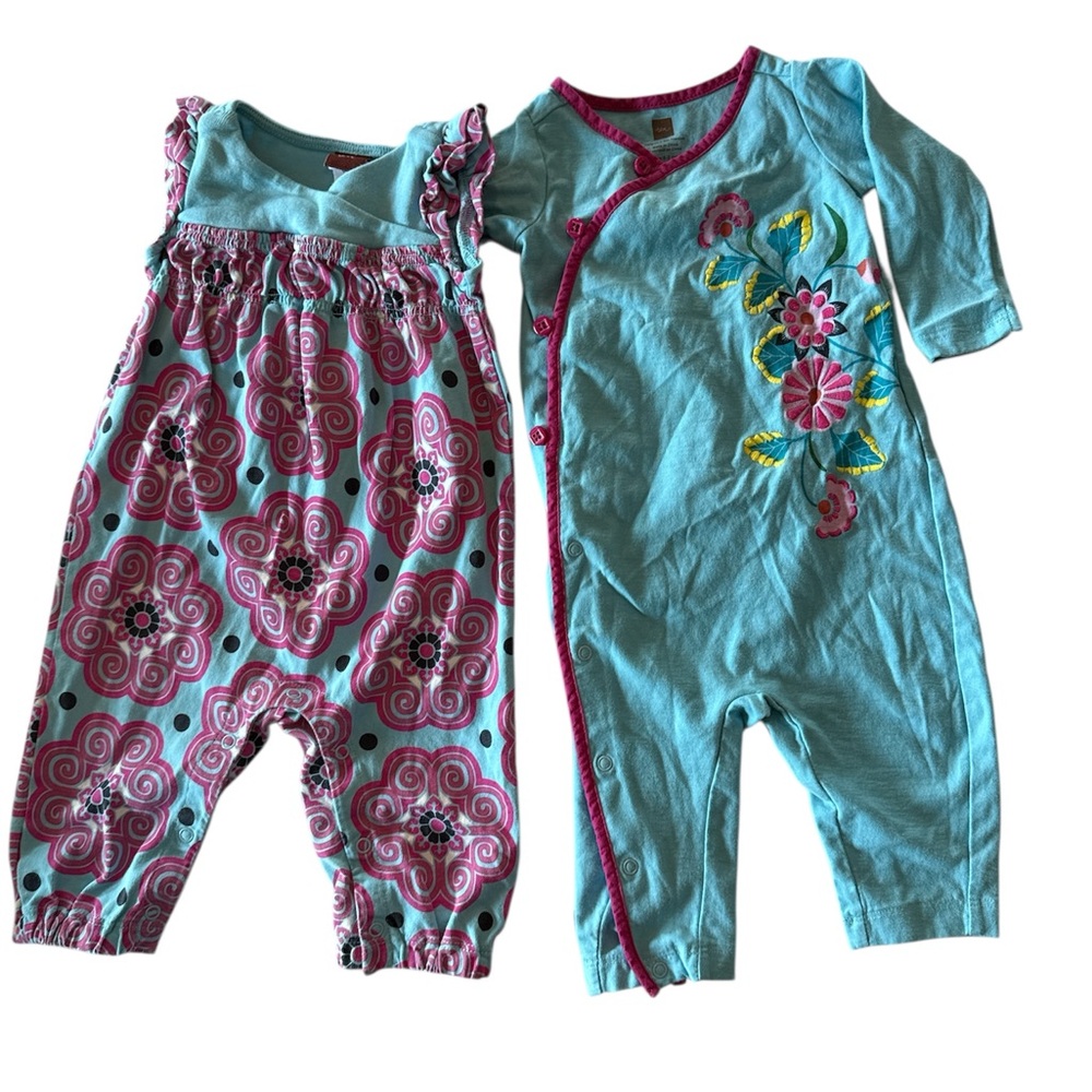 Tea Collection Set of 2 Baby Girl Rompers 0-3M Floral & Polka Dot Teal/Pink